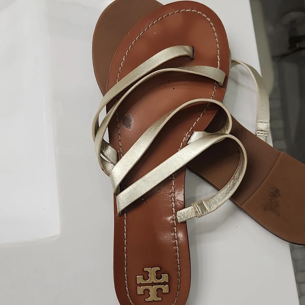 Tory Burch Gold Strappy Leather Sandals with Brown Footbed - Picture 10 of 11